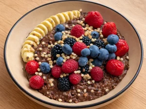 Veganes High Protein-Schoko-Porridge aus Hafer- und Dinkelflocken mit Beeren Topping.